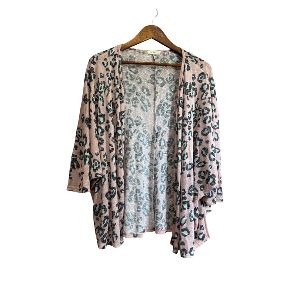 Hopely Leopard Cardigan Women OS Pink Teal Excellent Open Front Dolman Sleeve